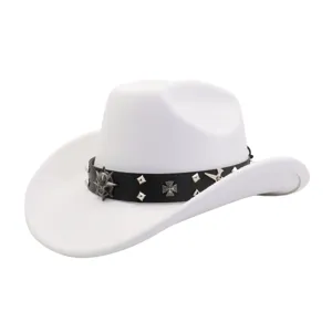 White western cowboy hat with black punk leather band, metal studs, skull and cross details.