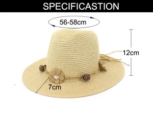 Beige Strohhut Detailansicht mit Kopfumfang 56-58cm, 12cm Höhe und 7cm breiter Krempe.