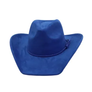 Detalle sombrero vaquero ante azul, sombrero jazz ala ancha con borla trenzada, estilo étnico.