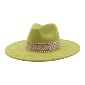 Groene suède fedora hoed met geometrisch geweven band brede rand klassieke stijl voor dames en heren