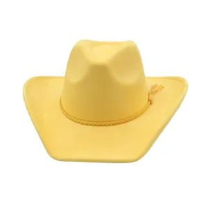 Sombrero de vaquero de ante amarillo detalle, elegante fedora estilo western con borla.