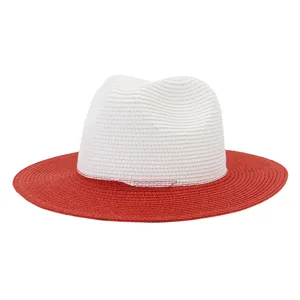 Stylish color-blocked straw fedora hat for men and women, perfect for outdoor summer travel.