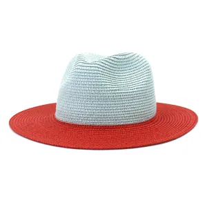 Close-up detail of the stylish color-blocking straw hat with light blue crown and red brim.