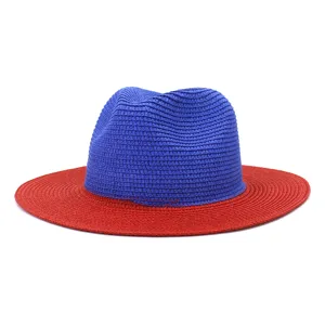 Unisex Fashion Color Block Straw Hat Summer Outdoor Travel Beach Sun Protection Woven Fedora Panama Hat