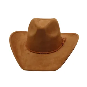 Sombrero de vaquero occidental de ante marrón con banda trenzada de borlas, ala ancha estilo retro.