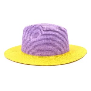 Two-tone straw hat with purple crown and yellow brim, perfect for outdoor summer sun protection.