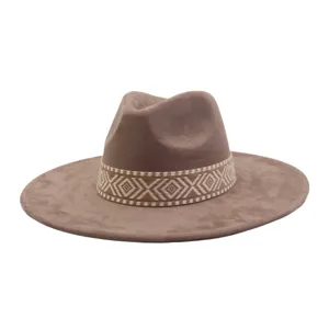 Unisex Imitatie Suède Fedora Hoed Brede Rand Panama Hoed Vintage Jazz Pet Met Etnisch Geweven Band Voor Heren Dames Outdoor Reizen