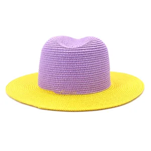 Close-up of purple and yellow color-blocked straw hat detail, perfect for sunny outdoor beach.