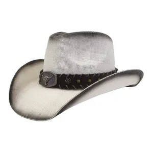 Cappello da cowboy western in paglia con sfumatura e fibbia toro per sole estivo.