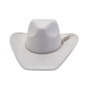 Sombrero de vaquero de ante blanco con borla trenzada, ala ancha para estilo western.