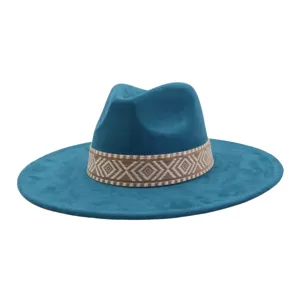 Blauwe suède fedora hoed met geweven band, stijlvolle zonnehoed met brede rand.