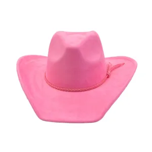 Sombrero de vaquero de ante sintético rosa con banda de borlas trenzadas, ala ancha.
