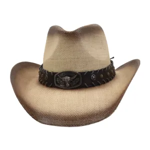 Classico cappello da cowboy occidentale in paglia a tesa larga con fibbia in metallo.