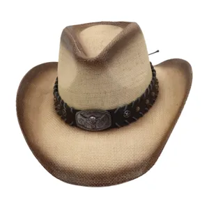 Cappello da cowboy in paglia western con fascia in pelle e fibbia per sole estivo.