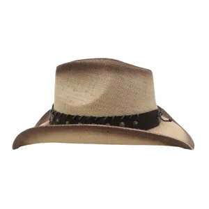 Cappello da cowboy in paglia stile western per uomo e donna, tesa larga con fascia decorativa.