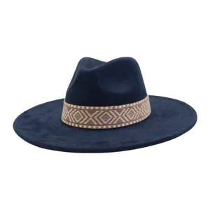 Klassieke donkerblauwe fedora hoed met brede rand en geometrisch geweven band