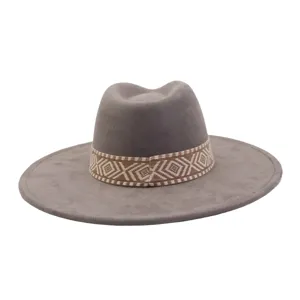 Suede fedora hoed met geometrische geweven band, breedgerande hoed voor dames en heren