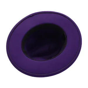 Chapeau fedora en laine violette bord large chapeau de jazz vue interieure detaillee noire