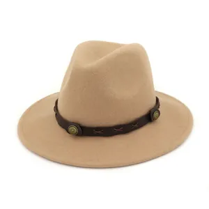 Sombrero fedora de lana de ala ancha con correa de cuero y decoracion metalica hombre mujer