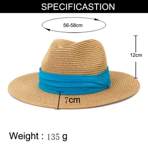Chapeau de paille été homme femme, fedora jazz ruban bleu, taille 56-58cm, bord 7cm.
