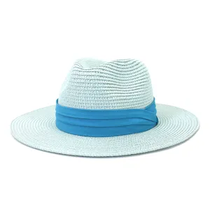 Chapeau de paille de plage d'été avec ruban turquoise, fedora de protection solaire pour extérieur.