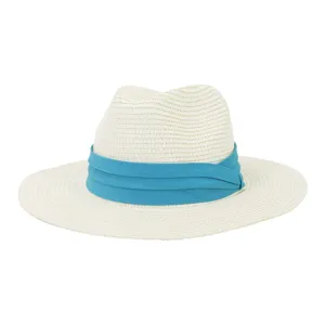 Chapeau Fedora en paille détail, beige avec bande bleue, chapeau de soleil de plage.