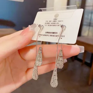 Boucles d'oreilles longues à pampilles en zircon pour femmes, pendantes étincelantes mode.