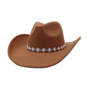 Chapeau Cowboy Occidental Feutre Laine Fedora Grand Bord Vintage Extérieur Cavalier Chapeau Strass Fleur Bandeau Pour Femmes Hommes