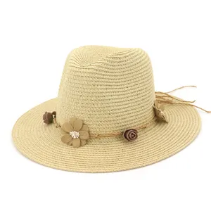 Strohhut mit Blumen für Damen, eleganter Sonnenschutz Strandhut im Sommer Jazz Hat.