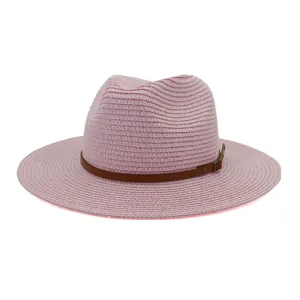 Roze Fedora strooien zonnehoed voor zomerstrand, stijlvolle klassieke rand pet voor dames en heren.