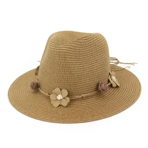 Geflochtener Stroh-Fedora-Sonnenhut mit Blumendekor fur Damen Strand Sommer Sonnenschutz.