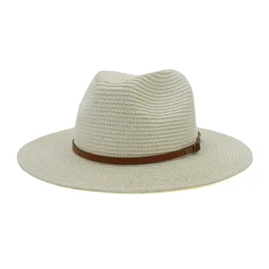 Klassieke strohoed Fedora met bruine lederen riem voor dames en heren, zomer strandaccessoire.