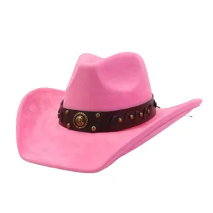 Sombrero de vaquero western de ante rosa con ala ancha, cinturón y elegante diseño de jazz.