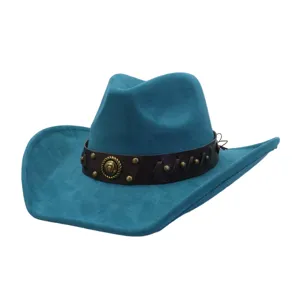 Sombrero de Vaquero Occidental Unisex Vintage Ante Ala Ancha Fedora Jazz Sombrero Cinturón de Cuero Remaches Metálicos Aire Libre Viaje Moda Gorra