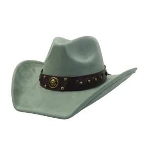 Sombrero de vaquero de ante occidental de ala ancha, detalle fedora jazz con correa marrón.