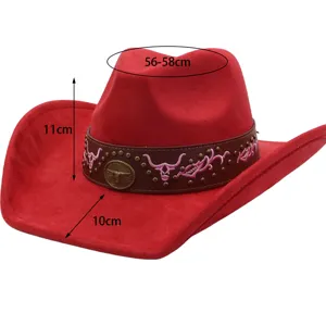 Close-up detail of red suede cowboy hat featuring embroidered bull head band and size.