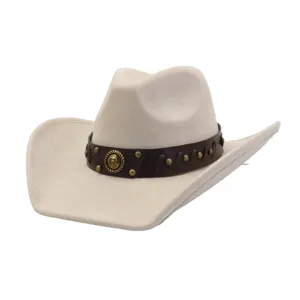 Detalle en primer plano del sombrero de vaquero occidental de ante blanco con tira.