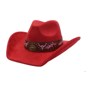 Red suede cowboy hat for women men western wide brim jazz hat with retro bull embroidery