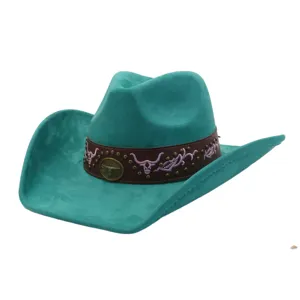 Turquoise wide-brim suede cowboy hat with brown leather band, metal studs, and bull embroidery.