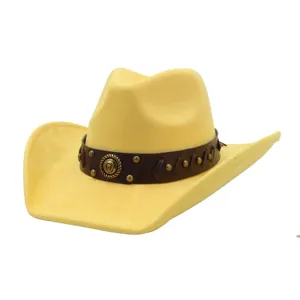 Sombrero de vaquero occidental amarillo clásico con banda de cuero marrón, sombrero de ante vintage.