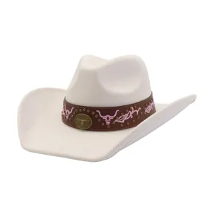 White suede cowboy hat with brown leather band, pink embroidered bull skulls and metal studs.