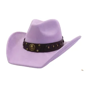 Sombrero de vaquero occidental de ante morado con tira de cuero y tachuelas metálicas