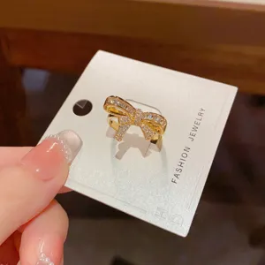 Gold-plated sparkling zircon bow open ring fashion luxury elegant finger jewelry piece