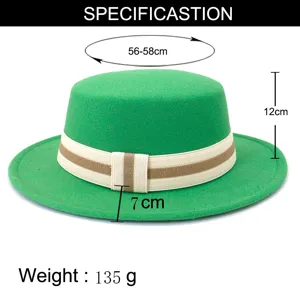 Detailed view of the green flat-top felt hat showing head circumference and brim dimensions.