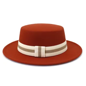 Unisex autumn winter wool felt flat top fedora hat wide brim stylish British retro fashion cap