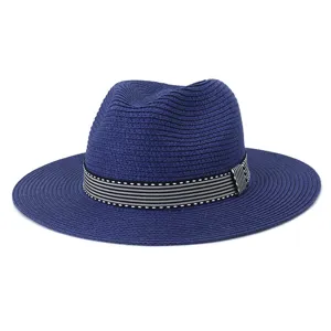 Chapeau fedora en paille bleu classique pour voyage plage ete, chapeau soleil elegant.