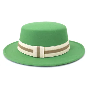 Green wool felt flat top hat with striped ribbon, classic British style winter fedora hat.