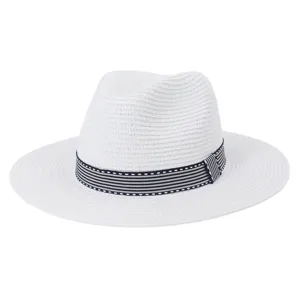 Vue rapprochée du chapeau de paille blanc avec un détail de ruban rayé et une texture tissée fine.