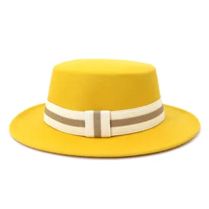 Wool flat top fedora hat detail, yellow wide brim hat with striped band for autumn winter