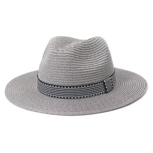 Chapeau fedora en paille grise pour hommes et femmes, chapeau de soleil d'été avec ruban.